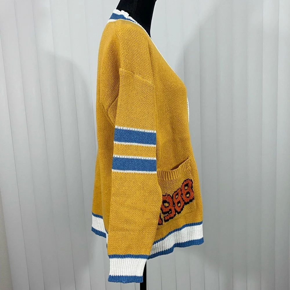 AELFRIC EDEN Unisex Varsity Letterman Sweater Cardigan Patchwork Yellow Gold M - Picture 6 of 12